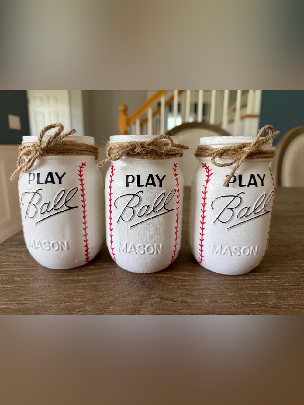 Baseball Mason Jar Vases: Hand Painted Sports Decor, Set of 3